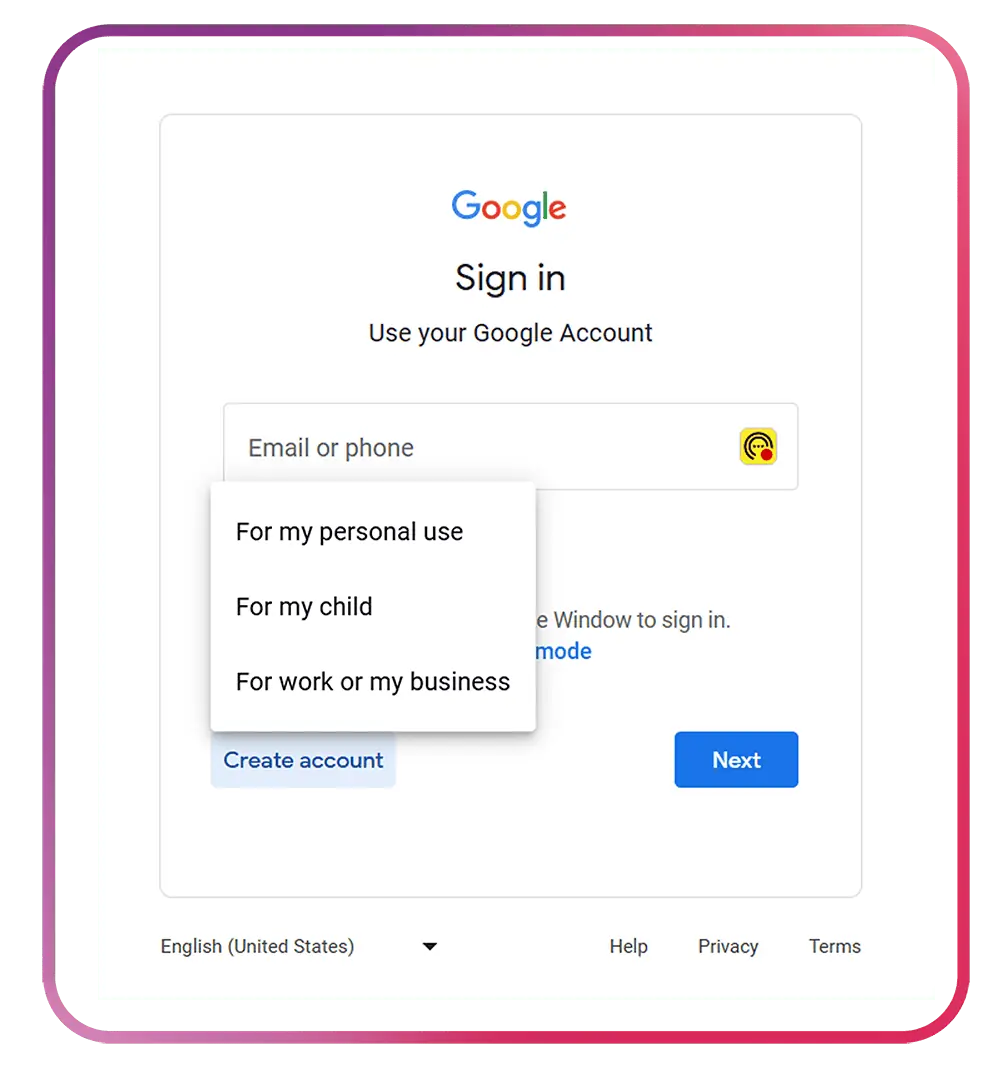 Screenshot showing the first stage of setting up a Google account.
